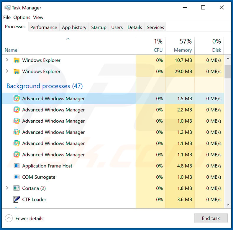 Windows Manager adware processen in het Taakbeheer
