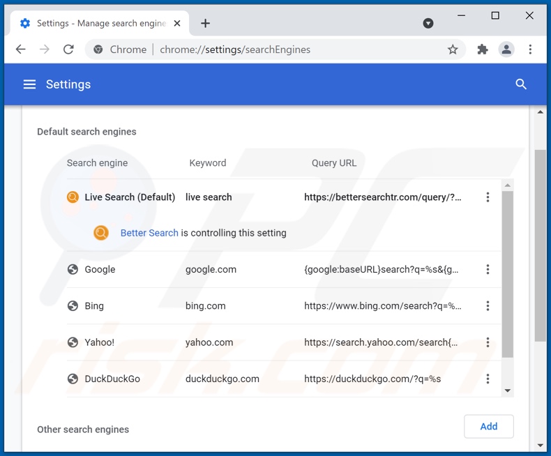 Het verwijderen van bettersearchtr.com uit Google Chrome standaard zoekmachine