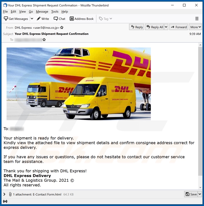 DHL Express Shipment Confirmation email spam campaigne