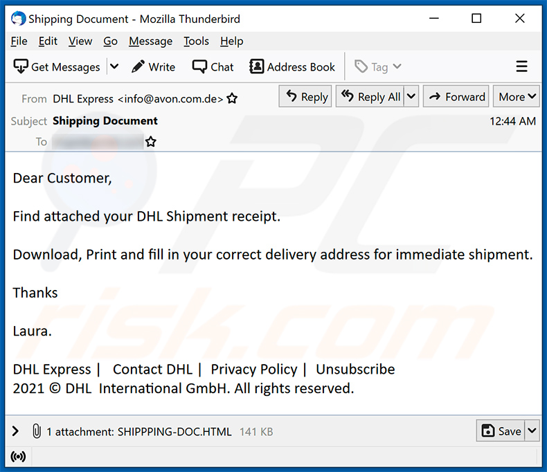 DHL Express-thema spam email het promoten van een phishing html-document (2021-09-07)