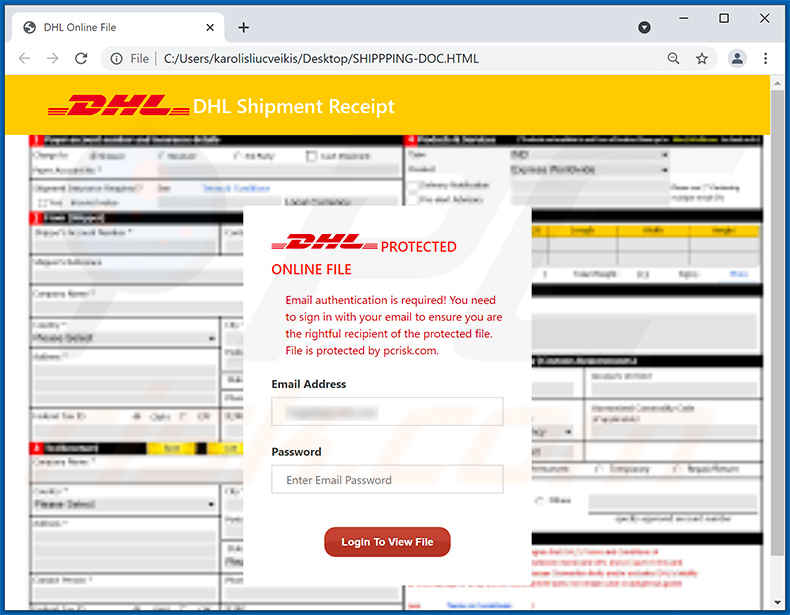 HTML-document gedistribueerd via DHL Express-thema spam email (2021-09-07)