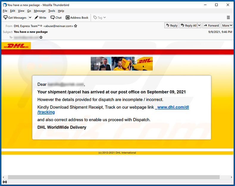 DHL Express-thema spam email het promoten van een phishing-site (2021-09-10)