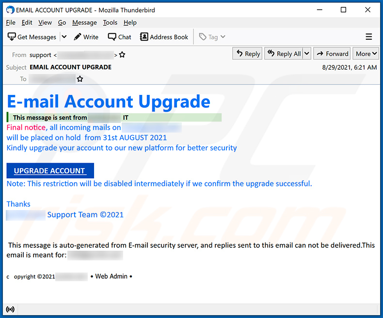 Email account upgrade spam (2021-09-20)