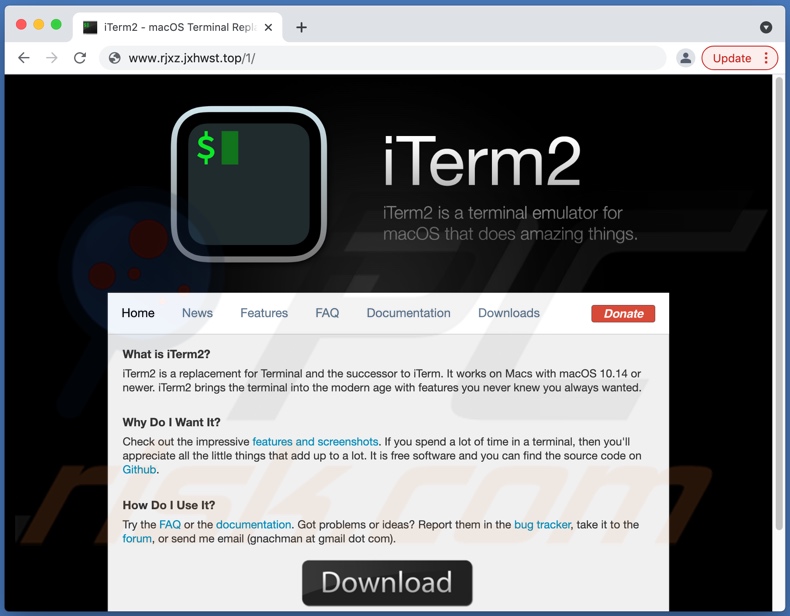 Frauduleuze website gebruikt om iTerm2 malware te promoten