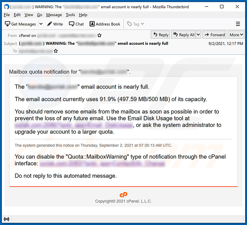 Spam-e-mail met postvakcapaciteitsthema waarin een phishing-site wordt gepromoot (2021-09-10)