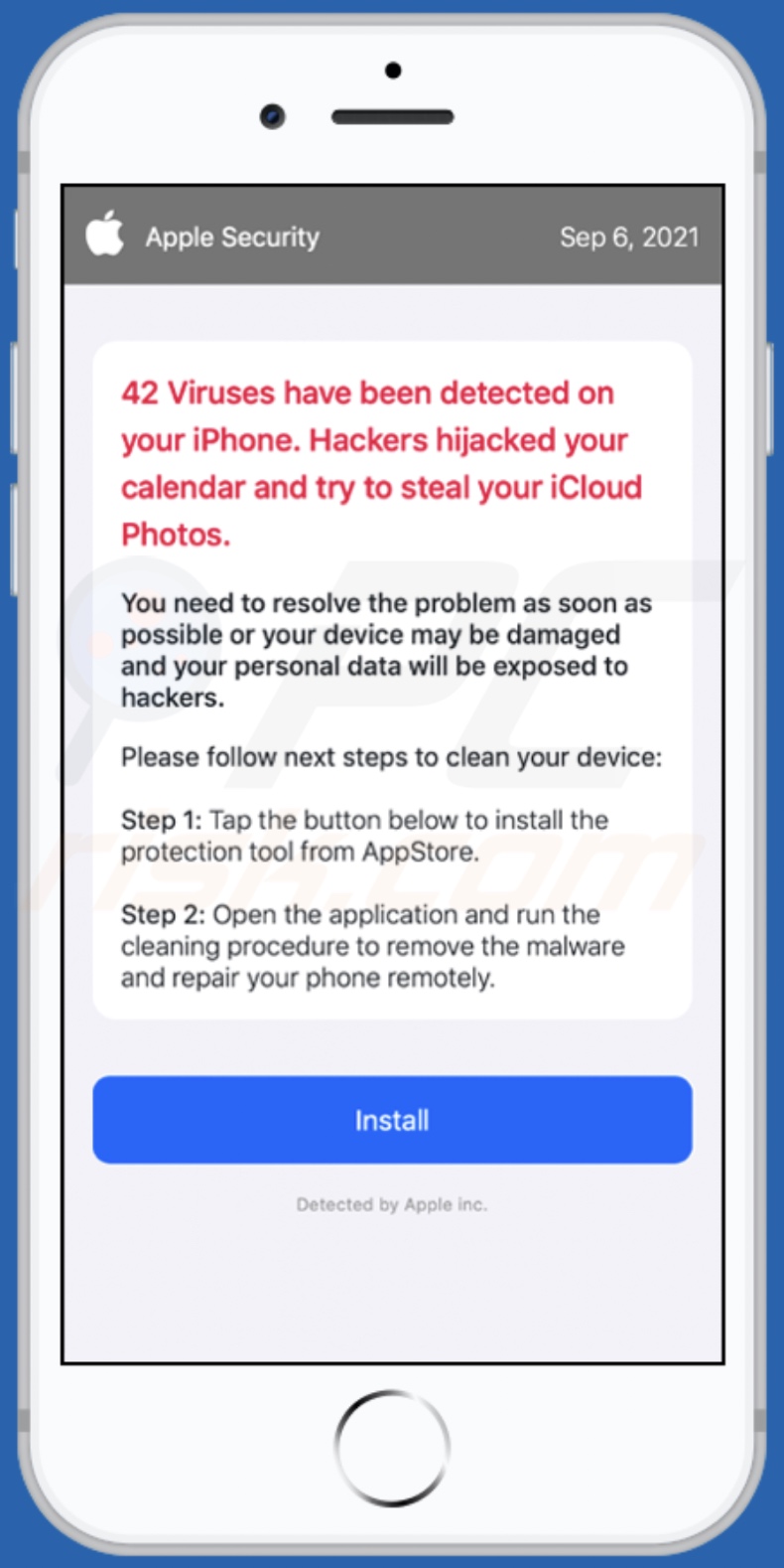 Malware detected! iPhone need to be repaired scam achtergrond pagina
