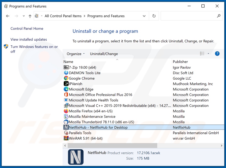 NetflixHub adware verwijderen via Configuratiescherm