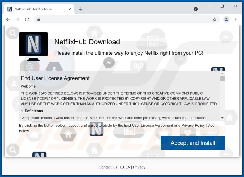NetflixHub adware die website promoot