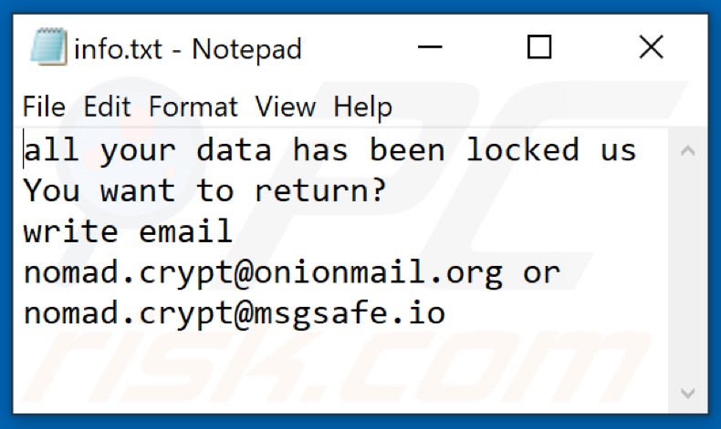 Nomad ransomware tekstbestand (info.txt)