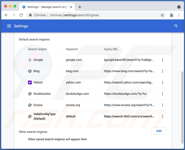 search.r0n3.com browser hijacker geïnstalleerd op een Google Chrome browser