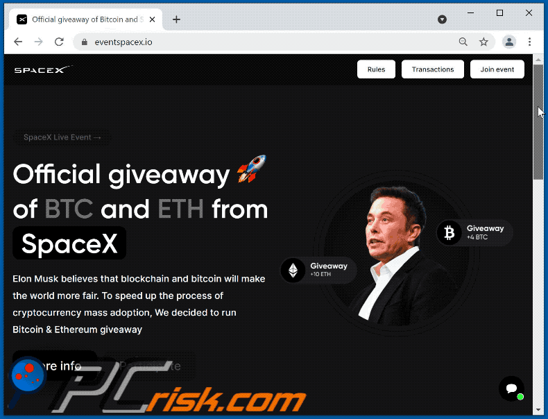 Weergave van SpaceX BTC and ETH giveaway scam