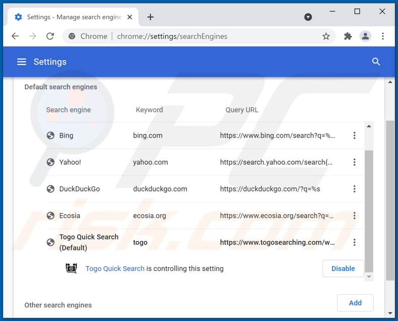 Verwijderen van togosearching.com uit Google Chrome standaard zoekmachine