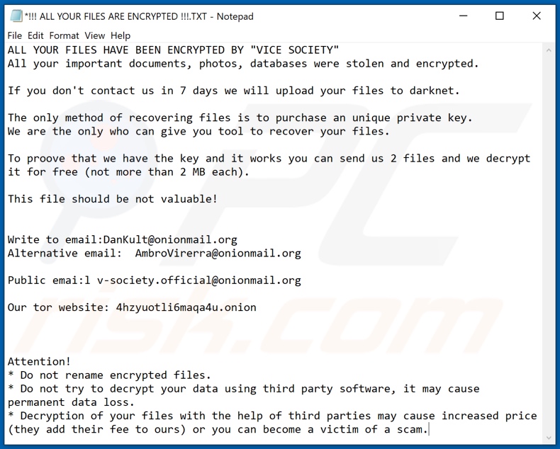 VICE SOCIETY decryptie instructies (!!! ALL YOUR FILES ARE ENCRYPTED !!!.TXT)