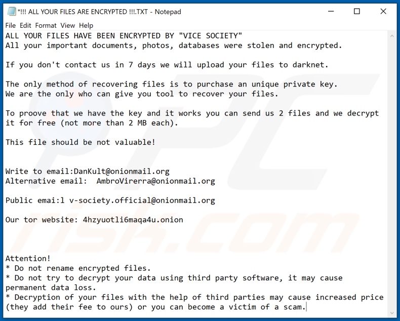 VICE SOCIETY decryptie instructies (!!! ALL YOUR FILES ARE ENCRYPTED !!!.TXT)