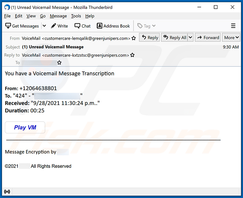 Spam e-mail met voicemail-thema waarin een phishing-site wordt gepromoot (2021-09-29)