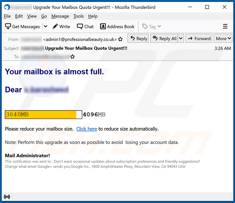 Your Mailbox Is Almost Full email scam (2021-09-23)