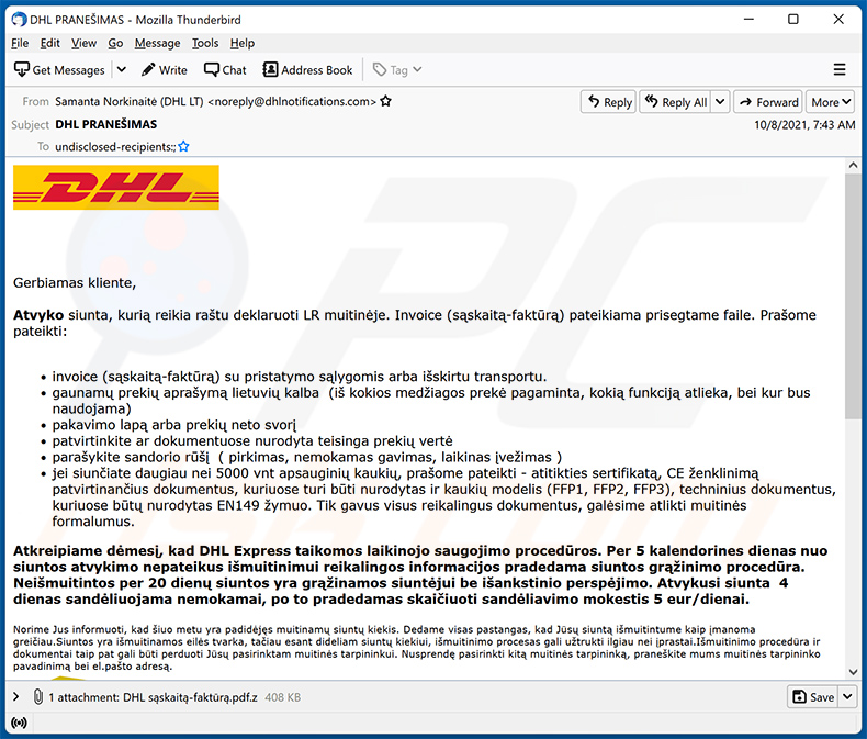Lithuanian variant of DHL Express-themed spam email