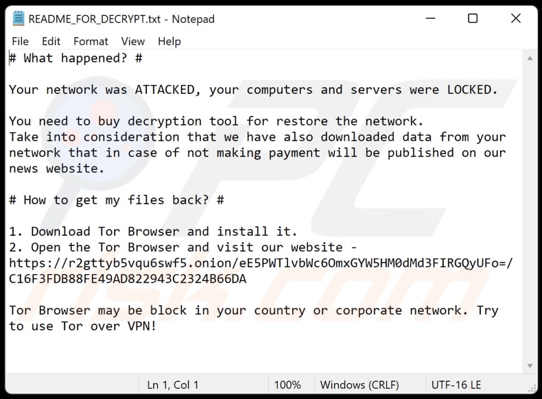 Diavol ransomware tekstbestand (README_FOR_DECRYPT.txt)