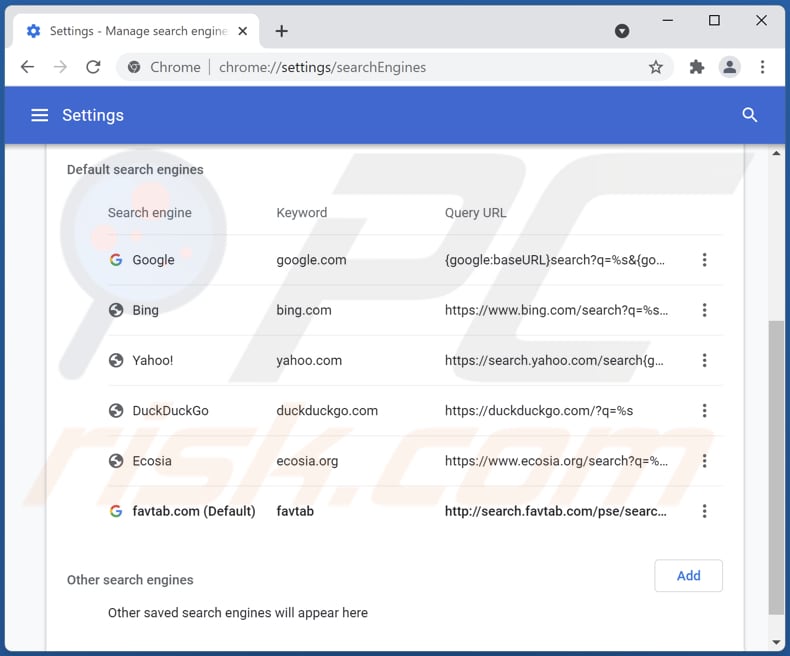 Verwijderen van favtab.com uit Google Chrome standaard zoekmachine