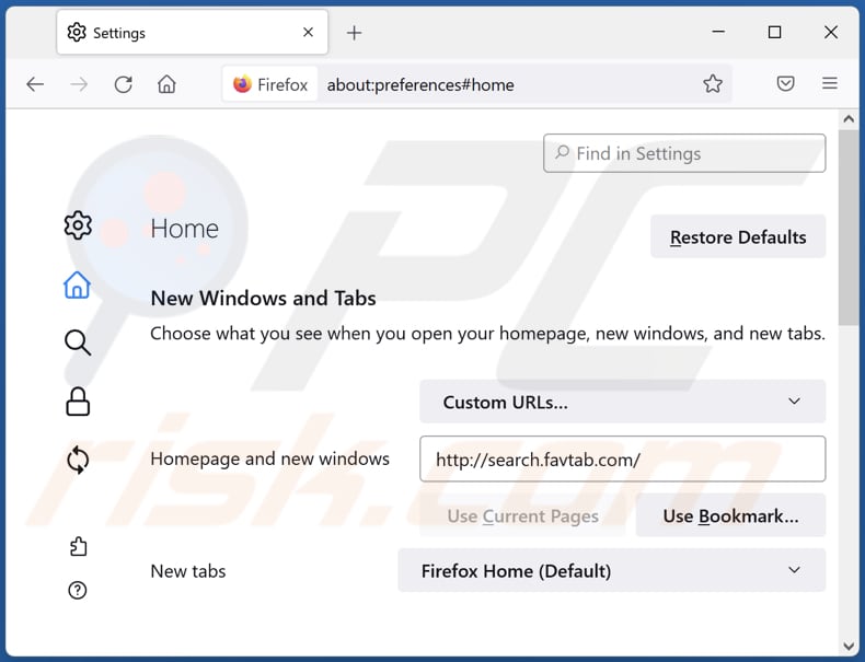 Verwijderen van favtab.com uit Mozilla Firefox homepage