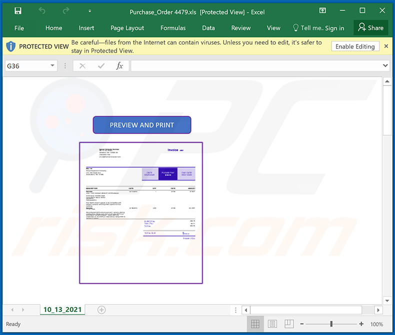 Kwaadaardig MS Excel-document verspreid via spamberichten met factuur als thema (2021-10-14)