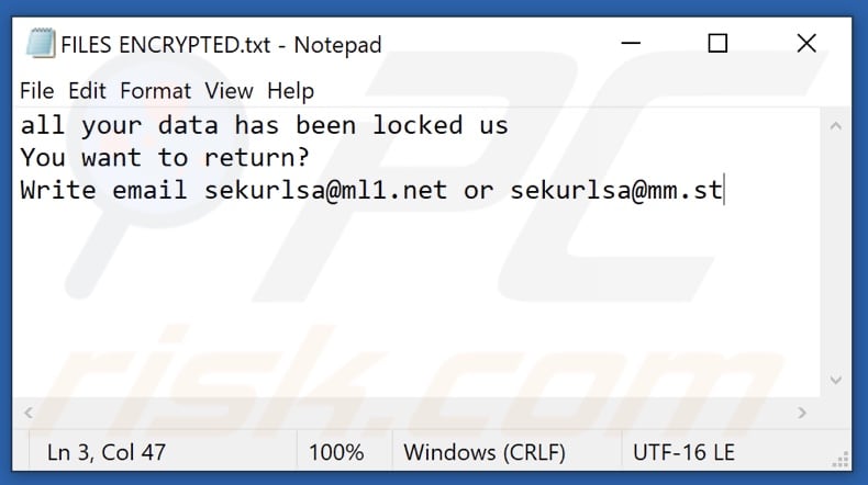 Lsas ransomware tekstbestand (FILES ENCRYPTED.txt)