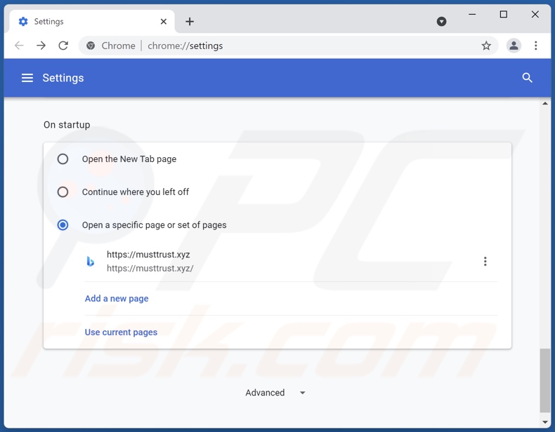 Musttrust[.]xyz van Google Chrome startpagina verwijderen