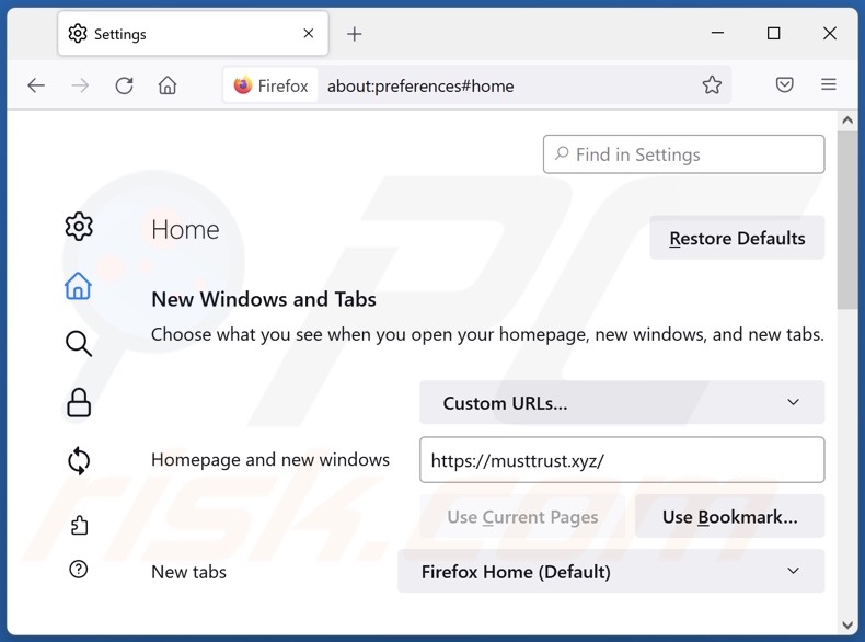 Musttrust[.]xyz van Mozilla Firefox-homepage verwijderen