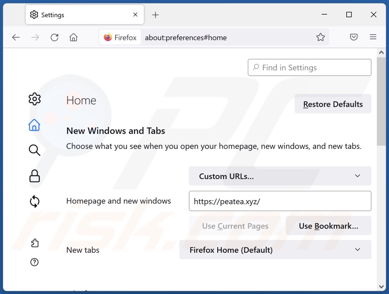 Verwijderen van peatea[.]xyz van Mozilla Firefox homepage
