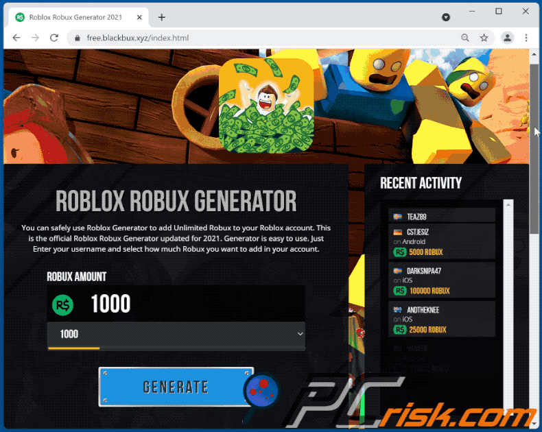Weergave van de Robux Generator scam