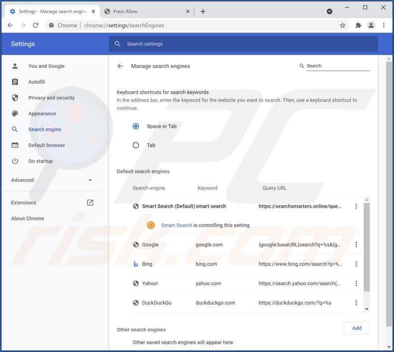 Het verwijderen van searchsmarters.online uit Google Chrome standaard zoekmachine