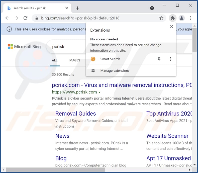 smart search browser hijacker extensie geïnstalleerd op chrome