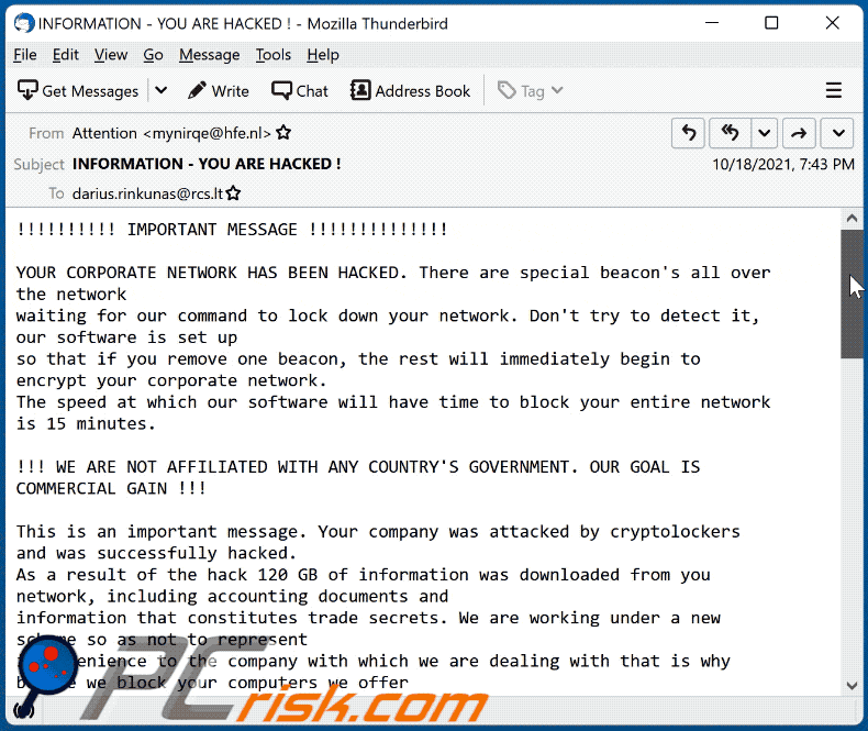 your corporate network has been hacked e-mail scam in gif afbeelding