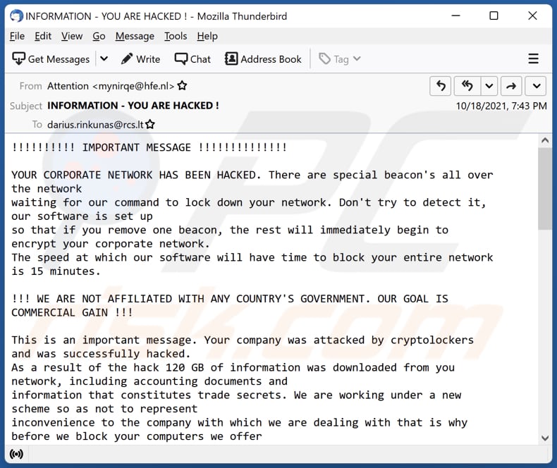 YOUR CORPORATE NETWORK HAS BEEN HACKED e-mail scam