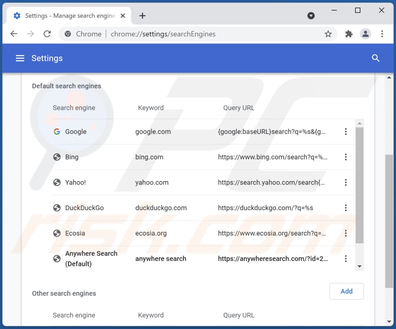 Het verwijderen van anywheresearch.com uit Google Chrome standaard zoekmachine