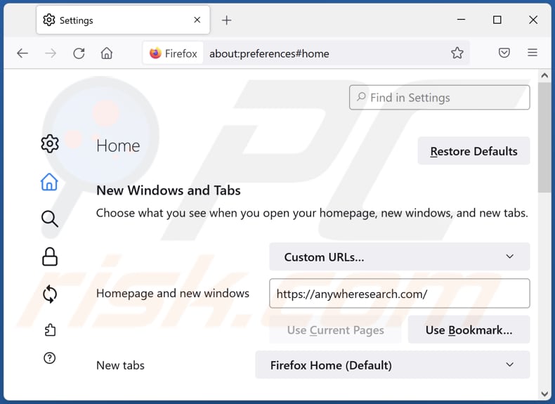 anywheresearch.com van Mozilla Firefox-homepage verwijderen