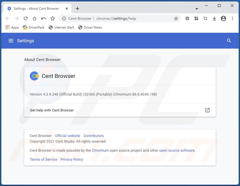 Cent Browser gedetailleerde informatie