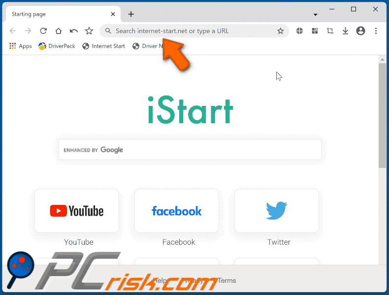 Cent Browser omleiden via internet-start.net (GIF)