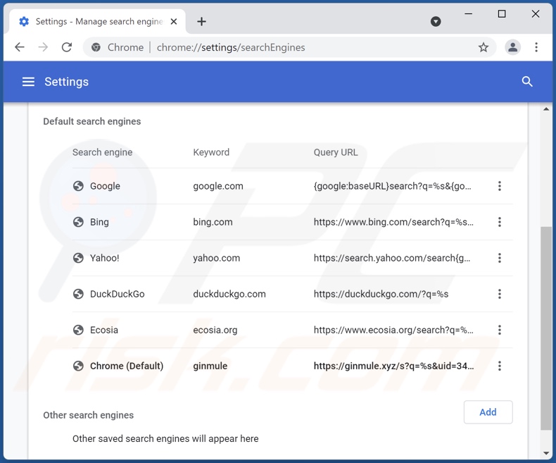 Verwijderen van ginmule.xyz uit Google Chrome standaard zoekmachine