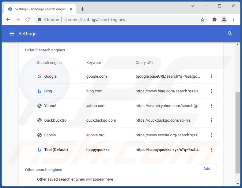 Verwijderen van happyquokka.xyz uit Google Chrome standaard zoekmachine