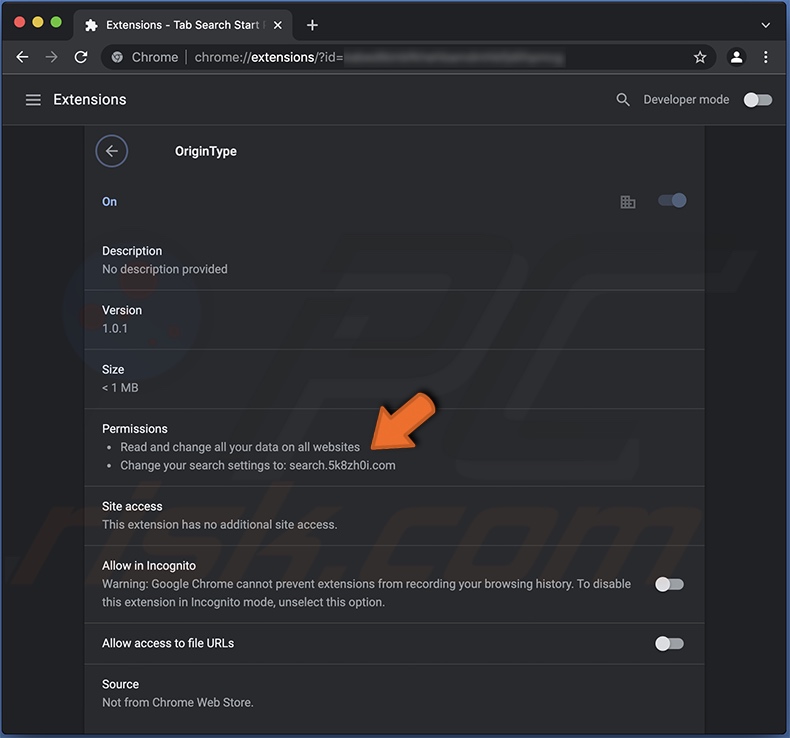 OriginType browser hijacker machtigingen op Chrome