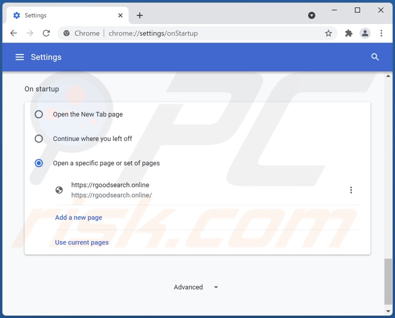 Rgoodsearch.online verwijderen uit de startpagina van Google Chrome