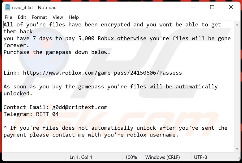 Robux ransomware tekstbestand (read_it.txt)