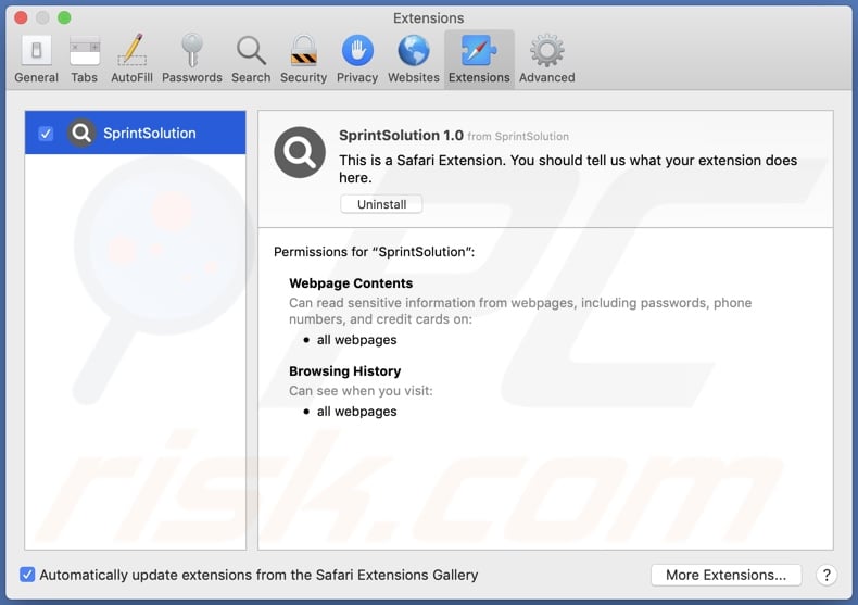 SprintSolution adware geïnstalleerd op Safari