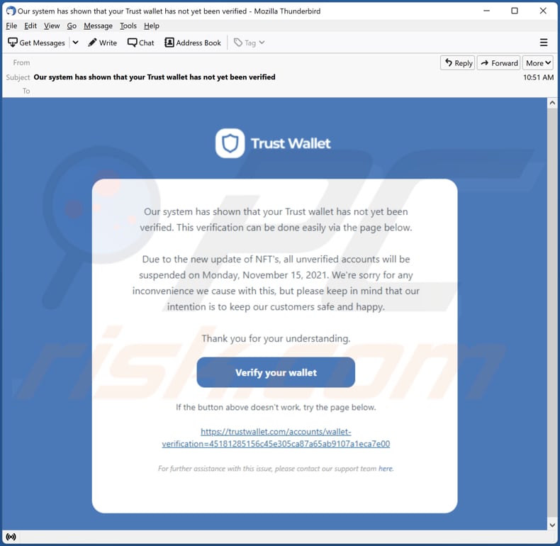 Trust wallet scam e-mail gebruikt voor promotie
