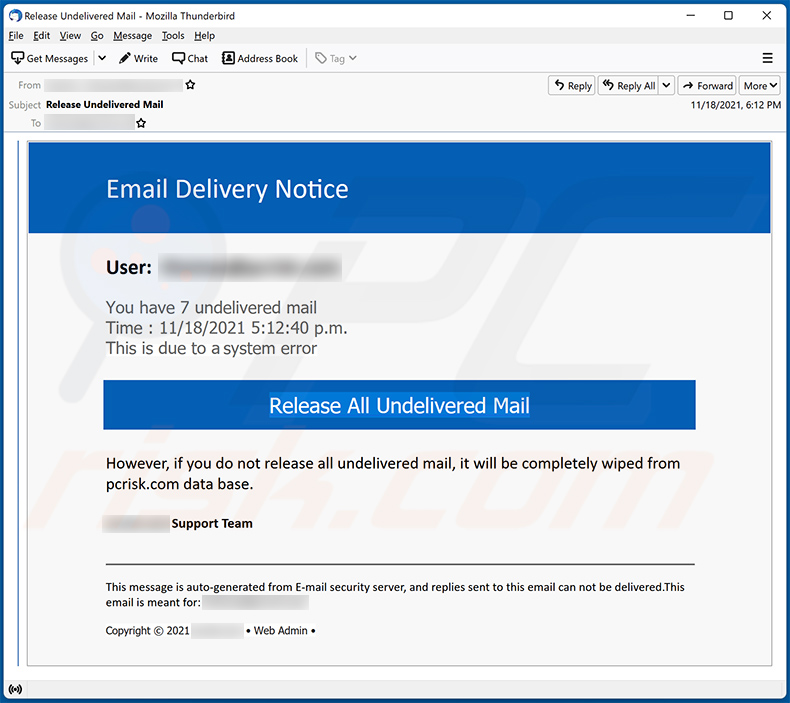 Niet-bezorgde spam met e-mailthema die reclame maakt voor een phishing-website (2021-11-19)