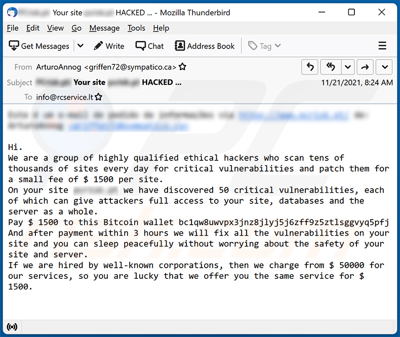 We Have Hacked Your Website spam email (2021-11-24)