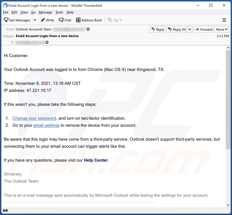 Your Outlook Account was logged in email spamcampagne