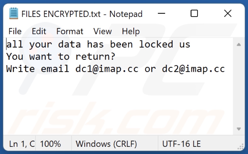 DC ransomware tekstbestand (FILES ENCRYPTED.txt)