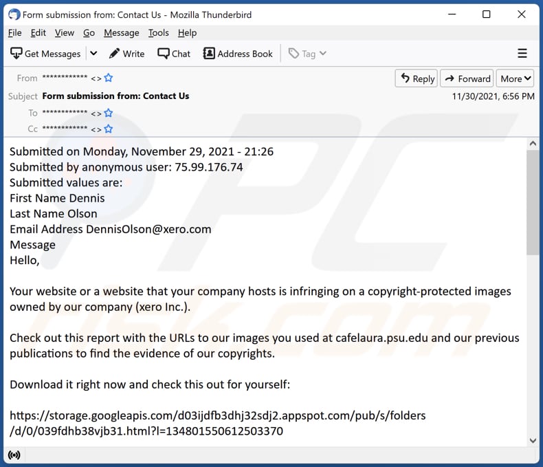 DMCA Copyright Infringement Notification email virus malware-verspreidende e-mailspamcampagne